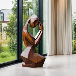 Japanese garden sculpture at home — natural beige lamp on a garden room table with stone, moss, and bamboo accessories creating Zen atmosphere