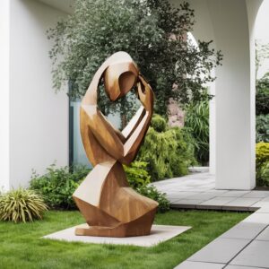 Zen garden sculpture elements — pale blue ceramic lamp beside a stone and moss garden composition on a Japanese-inspired garden room console