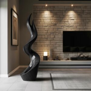 Sculpture garden lighting ideas — adjustable brass lamp at dimmable level on a covered terrace, creating the viewing position lamp that frames nighttime garden sculpture lighting