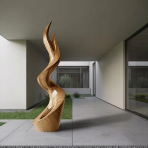 Garden sculpture lighting — bronze accent lamp on a covered terrace creating warm ambient light that complements low-voltage sculpture uplights in the adjacent garden
