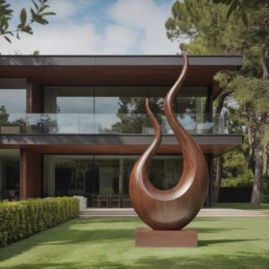 Mid century modern sculpture for home — slim aged brass lamp on a teak console with an organic MCM ceramic form and clean architectural lines