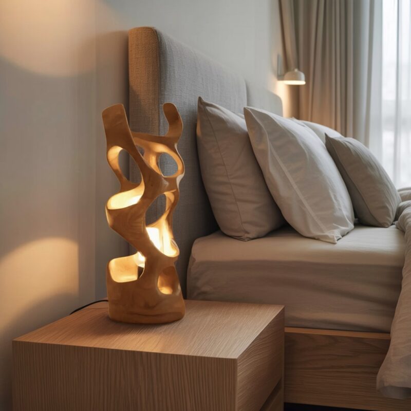 Master bedroom table lamp ideas — gold leaf sculptural lamps on matching nightstands in a glamorous primary suite