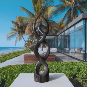 Mixing sculpture styles at home — warm ombre lamp as visual anchor on a mixed-style console with sculptures from different artistic traditions