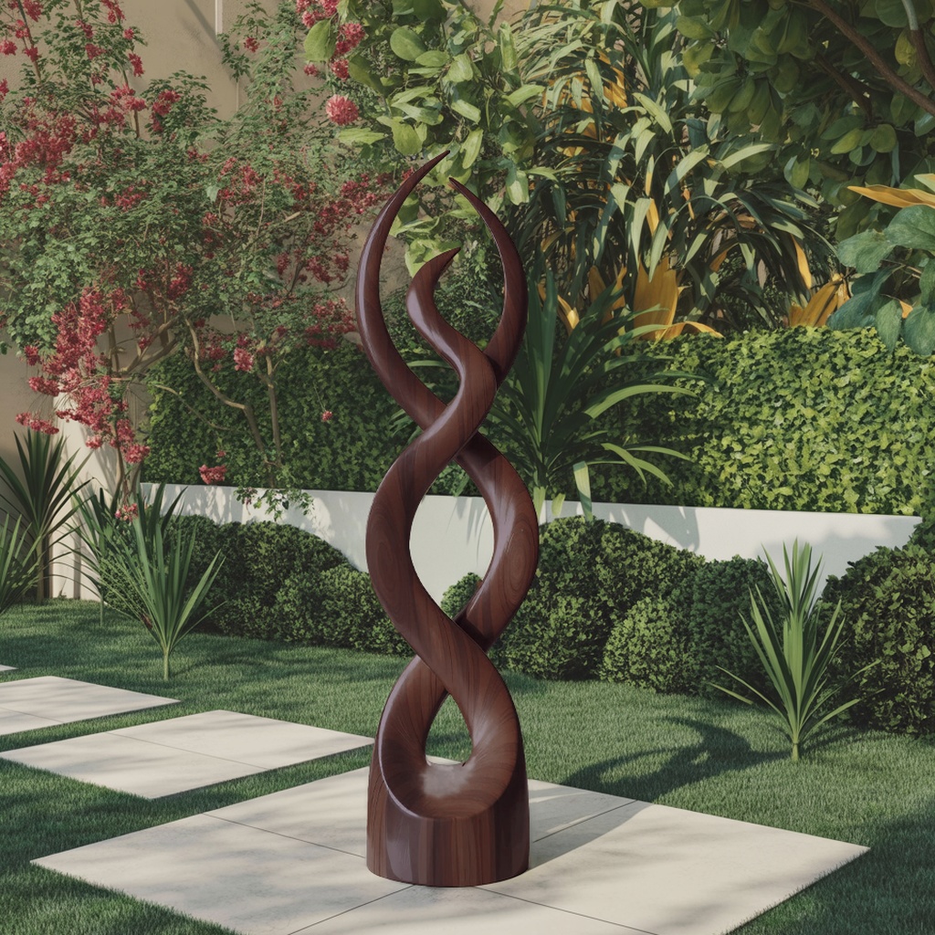 Garden sculpture placement ideas for your yard — natural beige lamp on a patio beside a garden sculpture at the primary viewing position