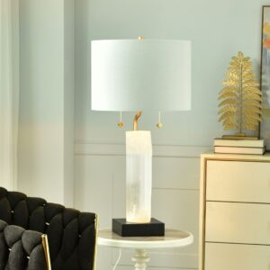 Before and after — standard 26-inch lamp overwhelmed by a large sofa versus correctly sized 34-inch lamp in proportion