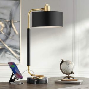 Nightstand lamp USB port close-up — USB-A and USB-C ports on the base of a modern table lamp