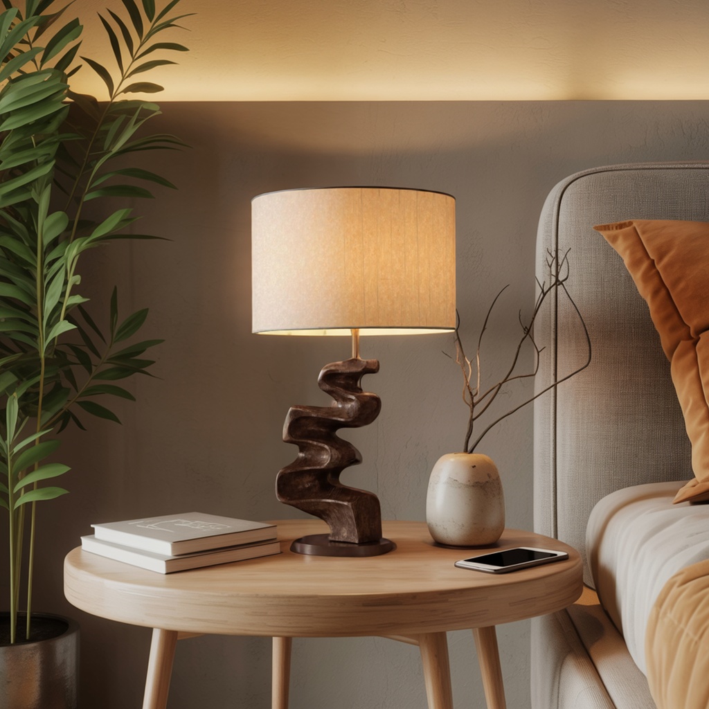 Table lamp height guide diagram showing correct lamp proportions on a nightstand, end table, and console