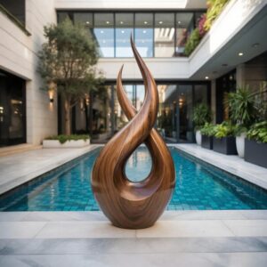 Large outdoor sculpture garden design — aged black lamp in a contemporary garden room anchoring the interior viewing position for a large-scale outdoor sculpture collection
