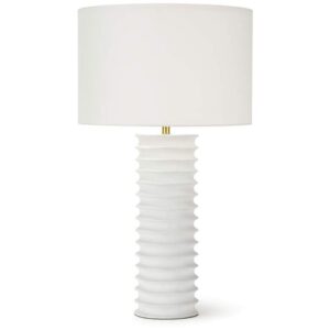 Lantern style table lamp with antique finish on a dark walnut console — dramatic entryway first impression