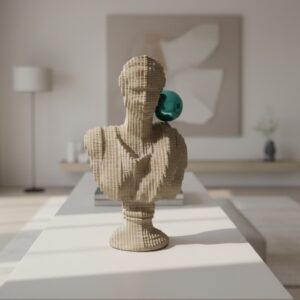 Garden stone sculpture outdoor display — warm ombre ceramic lamp on a covered patio beside a cast stone animal figure in a naturalistic garden