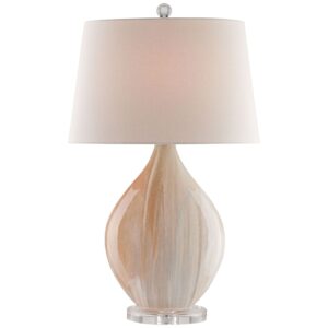 Ceramic and terracotta table lamps on a wooden shelf in a bohemian living room