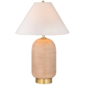 Brass table lamp on a console table next to a tall floor lamp beside a sofa