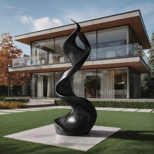 Indoor sculpture garden room — Adeline gold petal lamp beside a sculptural form in a plant-forward interior room with a garden view through full-height windows