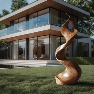 Indoor sculpture garden room design ideas — gold leaf statement lamp beside a sculptural form in a conservatory with plants and natural light
