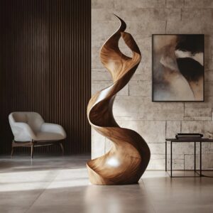 Wooden sculpture decor for living room — adobe brown chisel ceramic lamp beside a hand-carved wood sculpture on a natural wood console