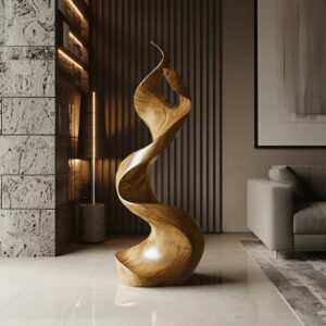 Indoor sculpture garden room — aged brass ceramic lamp in a conservatory setting beside a ceramic sculpture with living plants creating the full plant-art composition