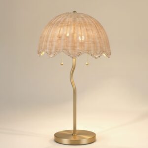 Traditional Tiffany style table lamp casting amber and green light in a warm mahogany study