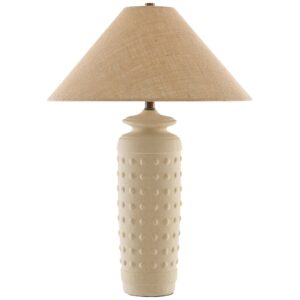 Statement table lamp living room — gold leaf sculptural oversized lamp on a wide sideboard in a maximalist space