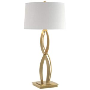 Brass table lamp and green ceramic table lamp compared side by side on matching nightstands