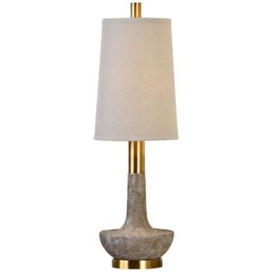 White and beige ceramic table lamp with white drum shade on a minimalist floating nightstand