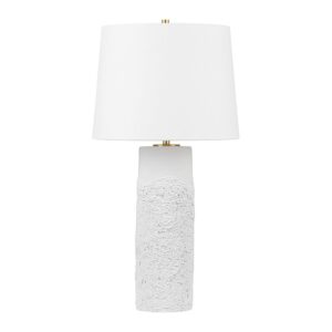 Traditional brass table lamp with white empire shade on a mahogany nightstand in a classic bedroom
