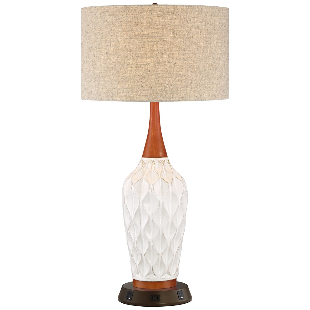 White ceramic table lamp on a natural wood nightstand — the bedroom essential that suits every interior style