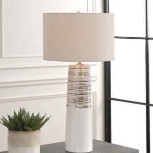 Matched pair of traditional table lamps on console — cream shades, brass hardware, formal bilateral symmetry