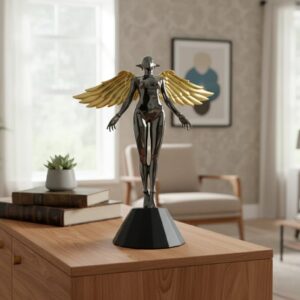 Sculpture buying guide primary position — gold leaf statement lamp as the primary investment piece in a formal living room, showing proportional investment in the most-seen position