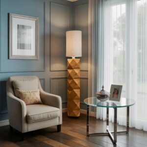 Vertical sculpture for small apartment — aged black lamp in a compact room showing how minimal footprint design choices create maximum visual presence