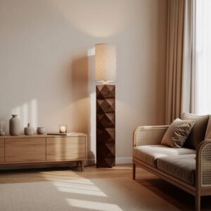 Small apartment sculpture decor — cobalt glass lamp as a dual-function light sculpture in a compact contemporary room, maximizing sculptural impact from a single footprint object