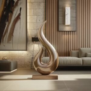 Ancient Greek sculpture influence on home interior — natural beige lamp on a formal console beside a classical-style marble figurine in a traditionally styled living room