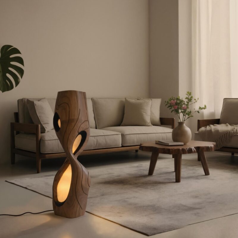Coffee table sculpture display ideas for living room — Affogato brass lamp on side table beside a styled coffee table with sculpture and art books