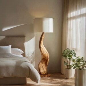 Coffee table vignette with sculpture — granite ceramic lamp on a side table adjacent to a coffee table displaying a ceramic sculpture, art book stack, and small bowl