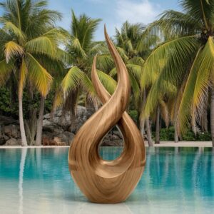 Abstract art sculpture home interior — gunmetal fluted lamp providing dark architectural precision beside a geometric abstract sculpture in a contemporary room