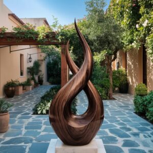 Abstract sculpture for home interior design — aged black lamp as minimal receding companion beside an organic abstract sculpture on a contemporary console
