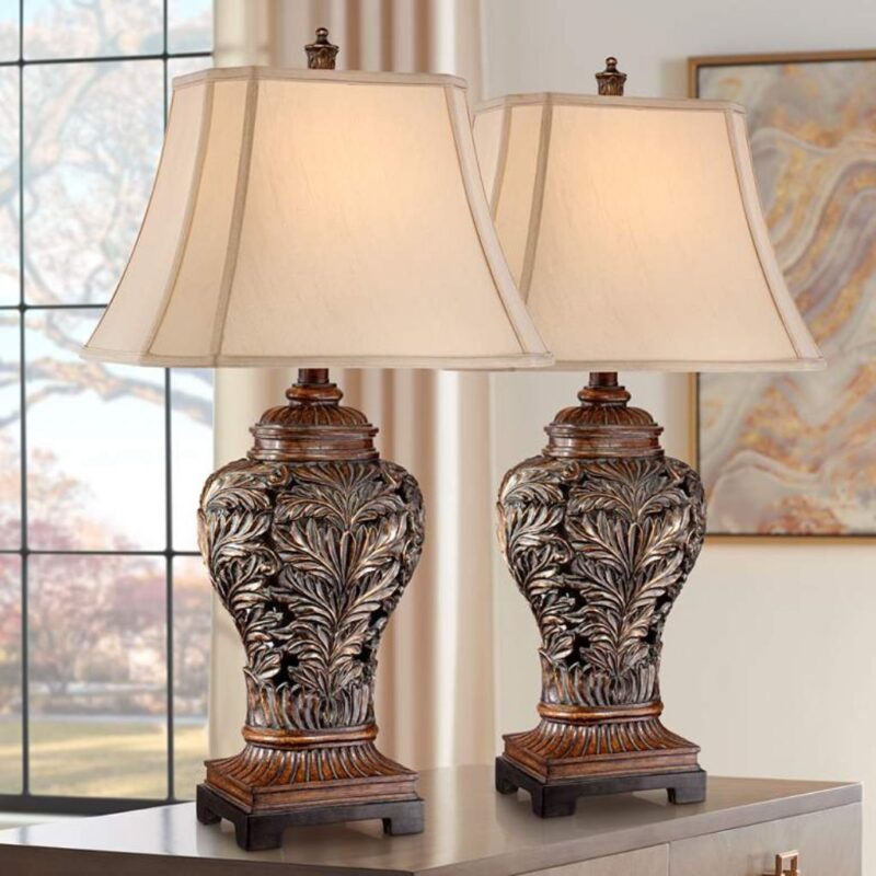 Farmhouse table lamps — adobe brown chisel ceramic lamp in a warm farmhouse room with natural wood surfaces