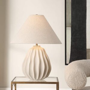 Table lamp size proportions — cobalt brass lamp showing shade diameter at 40-50% of total lamp height