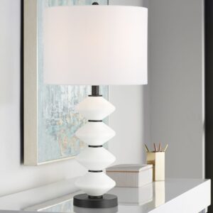 Bedroom table lamps — meadow ombre ceramic lamp beside the bed in a warm bedroom showing correct placement and warm-tone light quality