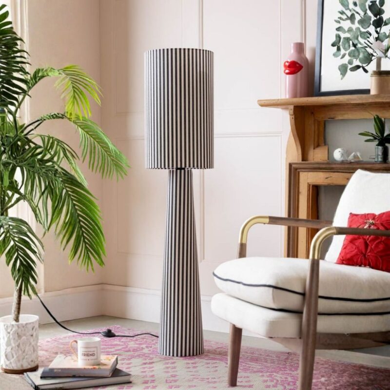 Reading floor lamps — floor lamp positioned at 45 degrees behind a reading chair delivering light over the shoulder onto reading material