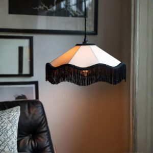 Modern chandelier matte black — black cream tassel ceiling light showing how matte black and cream fringe creates contemporary-glam hybrid