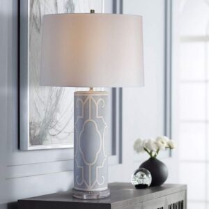 Table lamp bulb guide — natural beige lamp with E26 base showing correct 800-lumen ambient brightness at 2700K warm white
