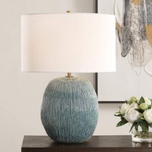 Table lamp wattage guide — meadow ceramic lamp showing E26 base socket that accepts standard US LED bulbs at 8-10 watts for warm ambient bedroom light