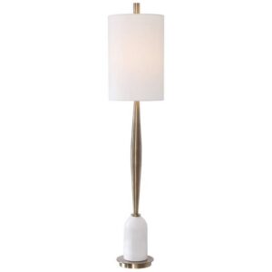 Green table lamps styling — affogato brass ceramic as warm companion beside a forest green lamp in a rich botanical room