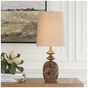 Table lamp color matching — natural beige lamp in a warm-neutral room showing warm-temperature coordination with cream walls and honey wood