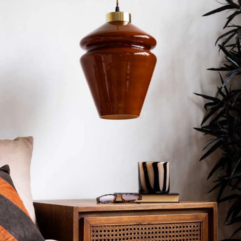 Rustic chandeliers — butterscotch vintage ceiling light in warm amber glass referencing farmhouse oil-lamp tradition