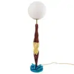 Full 37-inch view of the retro diver yellow table lamp showing the glass globe shade