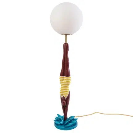 Full 37-inch view of the retro diver yellow table lamp showing the glass globe shade