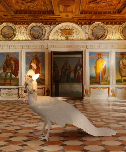 Peacock lamp — life-size white peacock floor lamp with crystal-style jeweled crown