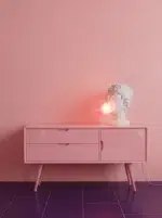 Statue table lamp — white goddess bust blowing a glowing pink bubble-gum LED bubble