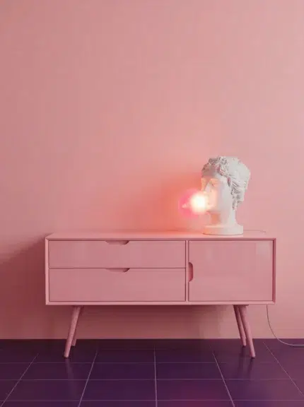 Statue table lamp — white goddess bust blowing a glowing pink bubble-gum LED bubble